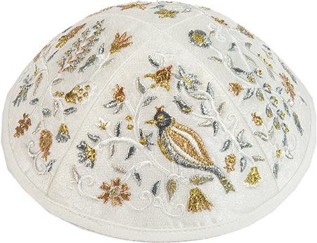 Emanuel Embroidered Kippah Bird-Flowers Gold/Silver (EM-YME12Z)