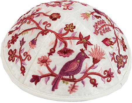 Emanuel Embroidered Kippah Bird-Flowers Pink (EM-YME12P)