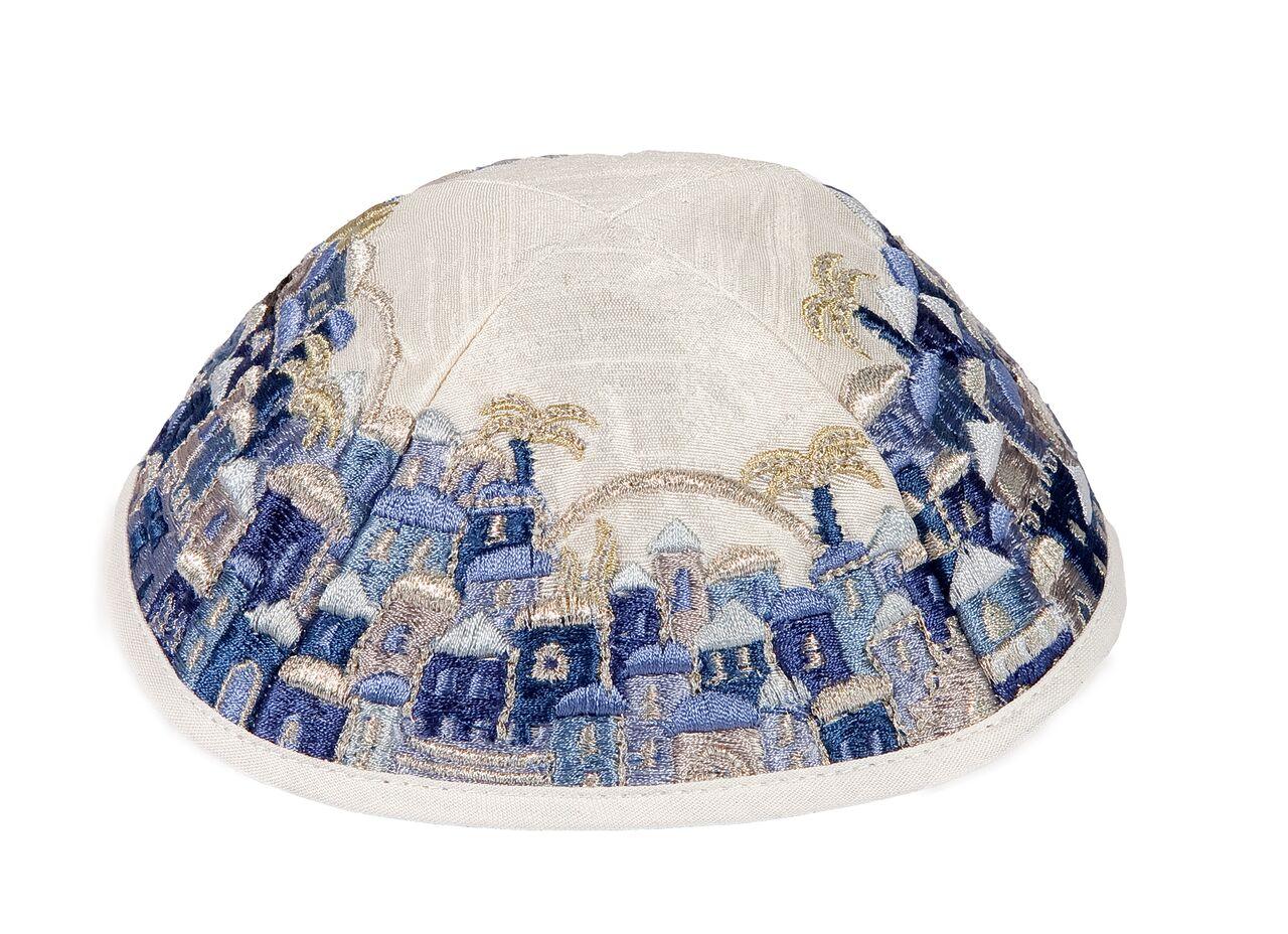 Emanuel Embroidered Kippah Jerusalem-- Blue (EM-YME15B)