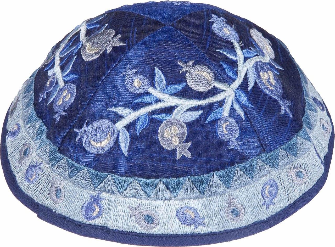 Emanuel Embroidered Kippah, Pomegranates-- Blue (EM-YME13B)