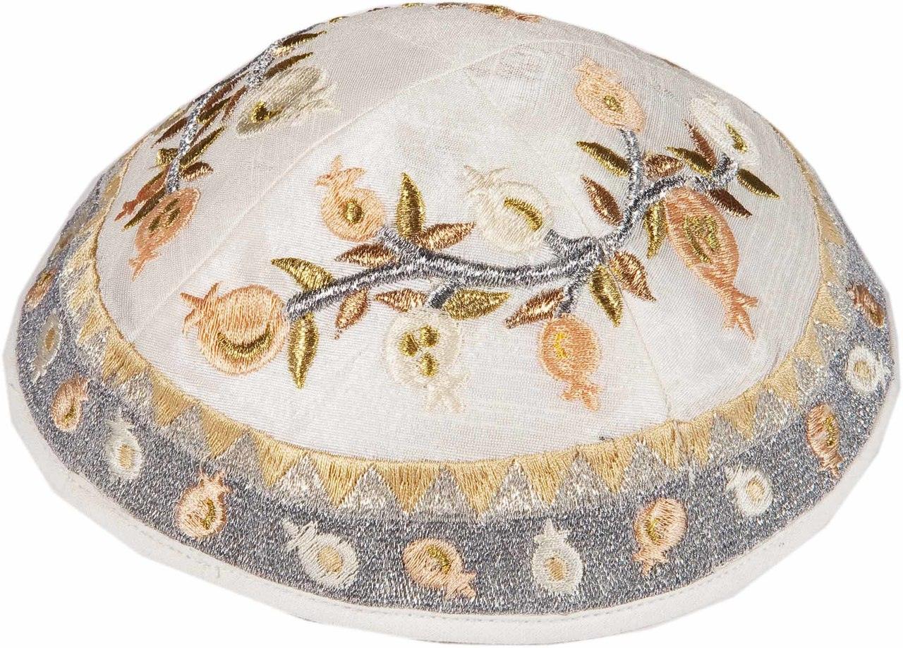 Emanuel Embroidered Kippah, Pomegranates-- Gold (EM-YME13G)