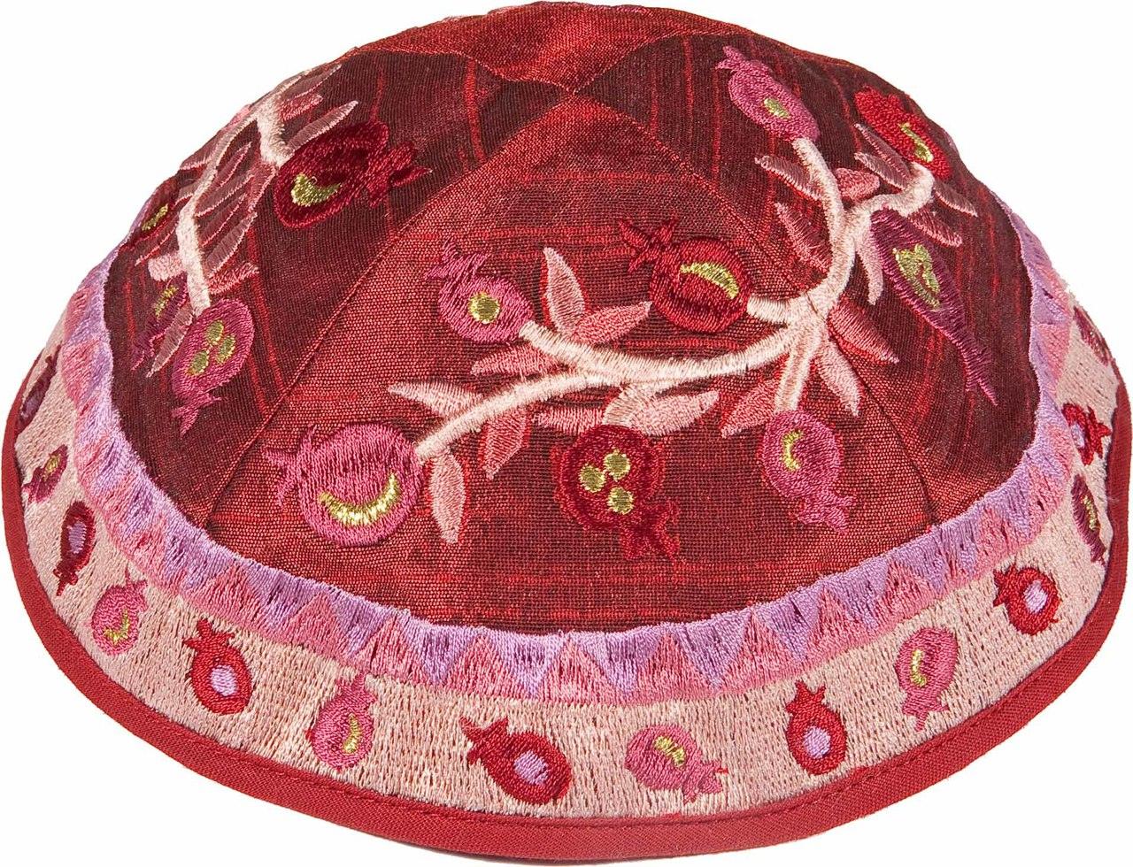 Emanuel Embroidered Kippah, Pomegranates, Pink (EM-YME13P)