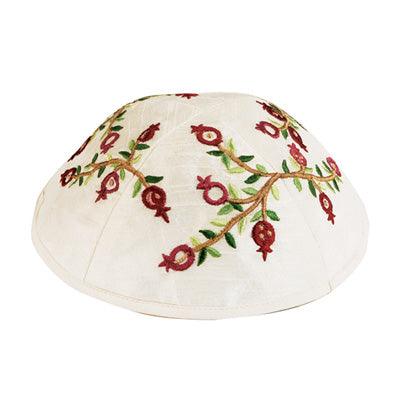 Emanuel Embroidered Kippah Pomegranates White - Red (EM-YME-6W)