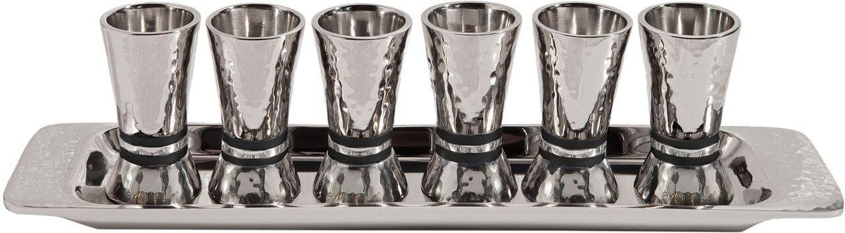 Emanuel Hammered Conical Shaped Liquor Cups Set of 6- Black Rings (EM-GF4)