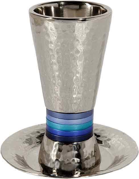 Emanuel Hammered Kiddush Cup Cone Shape- Blue Rings (EM-CUT2)