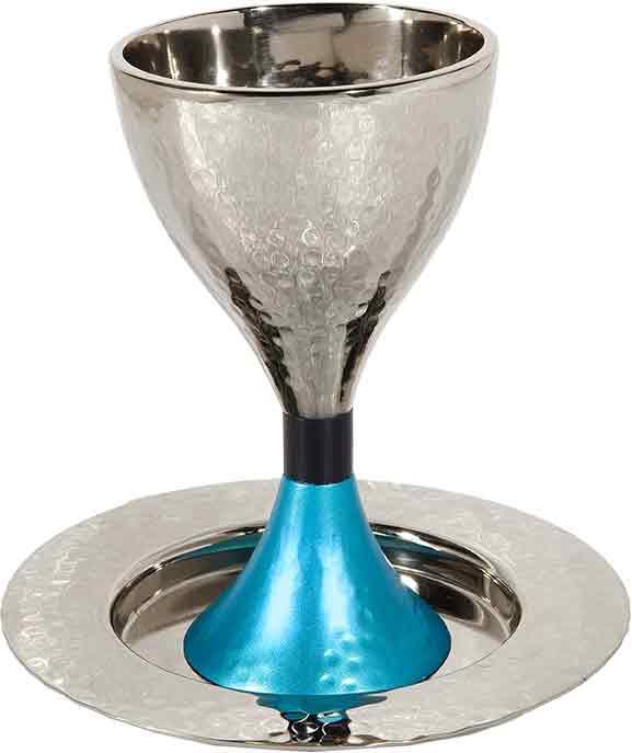 Emanuel Hammered Kiddush Cup Modern- Turquiose Pedastal (EM-CUS3)