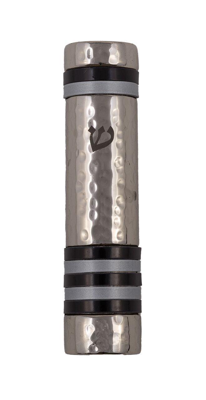 Emanuel Hammered Mezuzah Case w/ Rings--Black (EM-MZJ5)