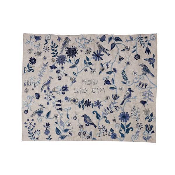 Emanuel Machine Embroidered Challah Cover-Birds & Flowers-Blue  (EM-CMG33)