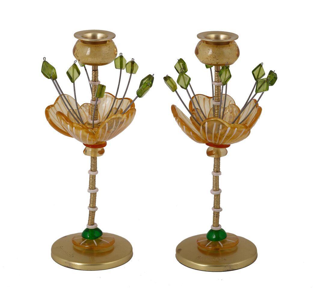 Emanuel Poly Candlesticks 10"--Yellow/Green Flower (EM-EML10A)