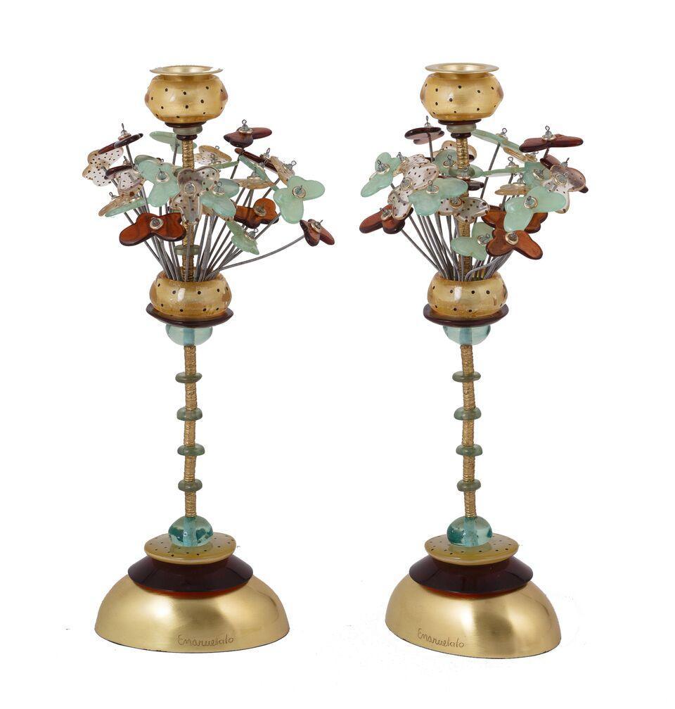 Emanuel Poly Candlesticks 14"-- Butterflies Brown/Green (EM-EML8A)