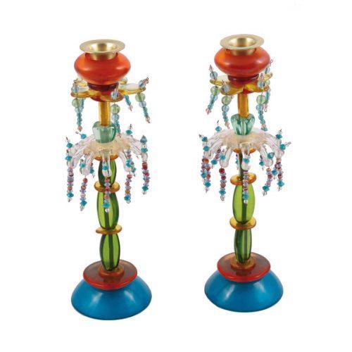Emanuel Poly Tall Candlesticks - Bead Rows - Turquoise/Orange/Green (EM-EML17A)