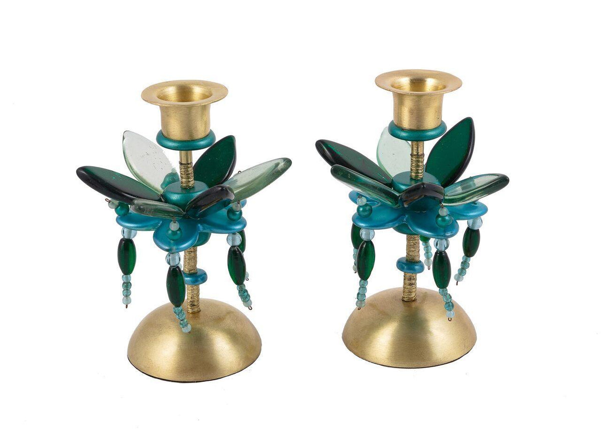 Emanuel Small Poly Candlesticks--Green Flower & Beads (EM-EML15B)