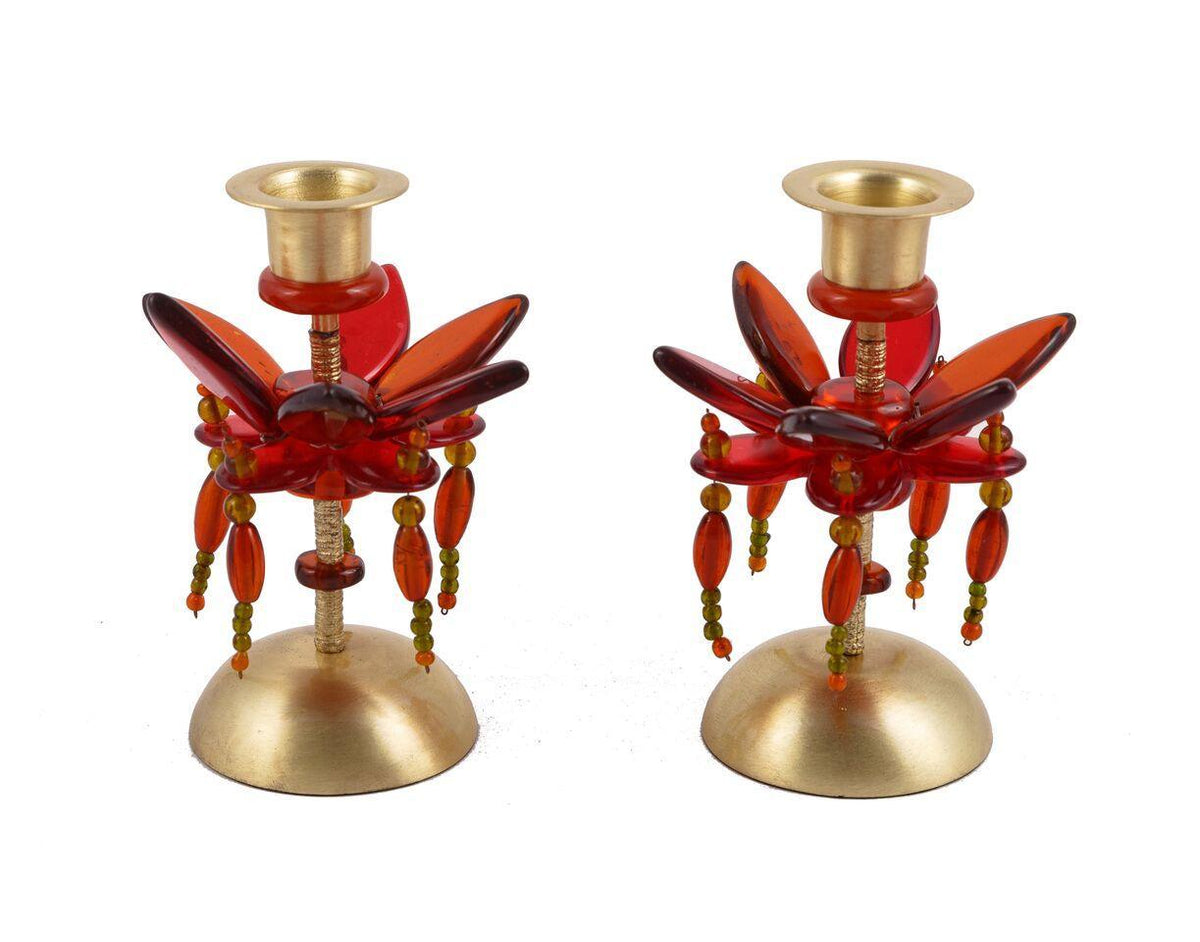 Emanuel Small Poly Candlesticks--Maroon Flower & Beads (EM-EML15C)