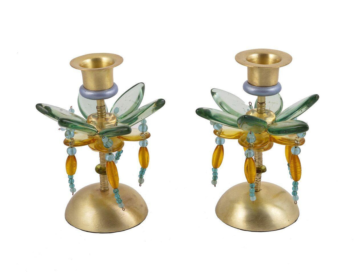 Emanuel Small Poly Candlesticks--Yellow/Green Flower & Beads (EM-EML15A)