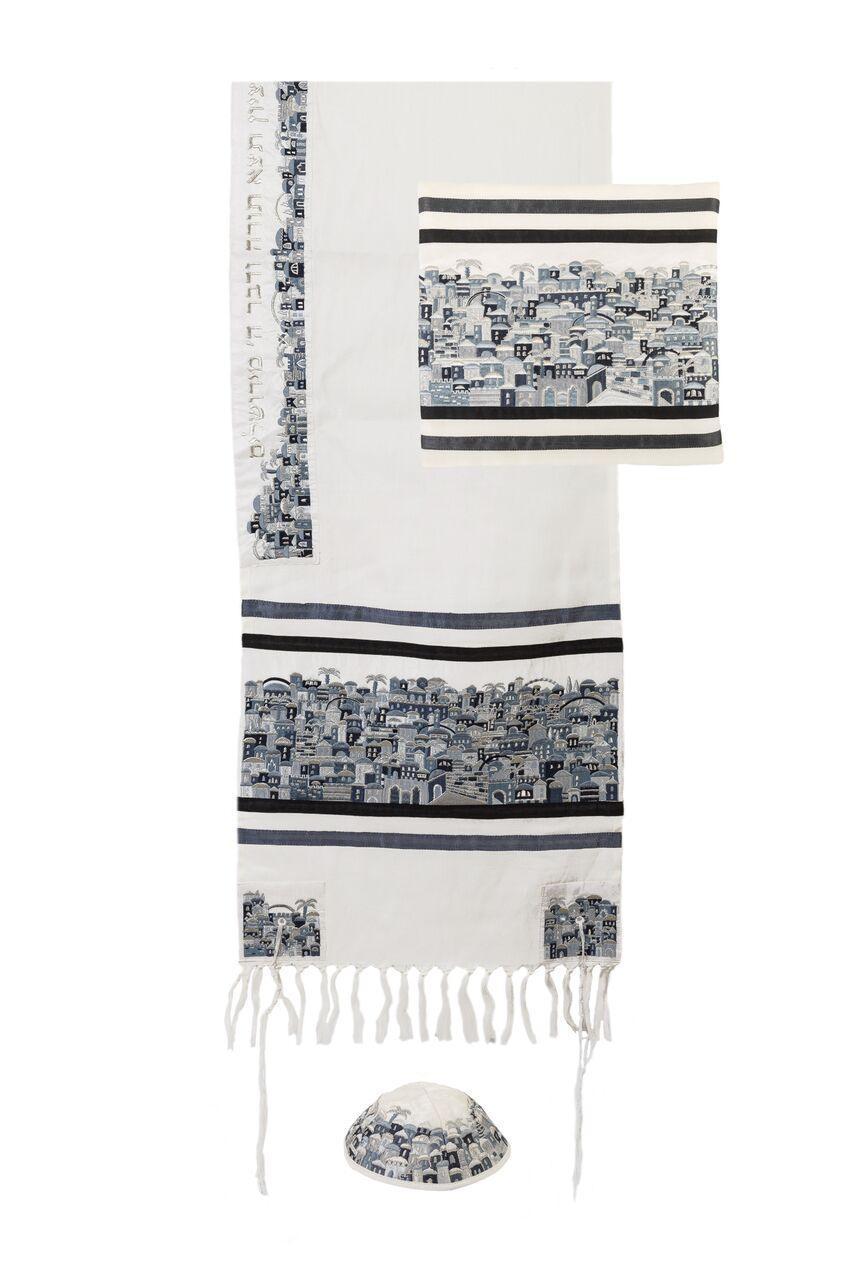 Emanuel Tallit Embroidered Jerusalem-- Black (EM-TAK4)