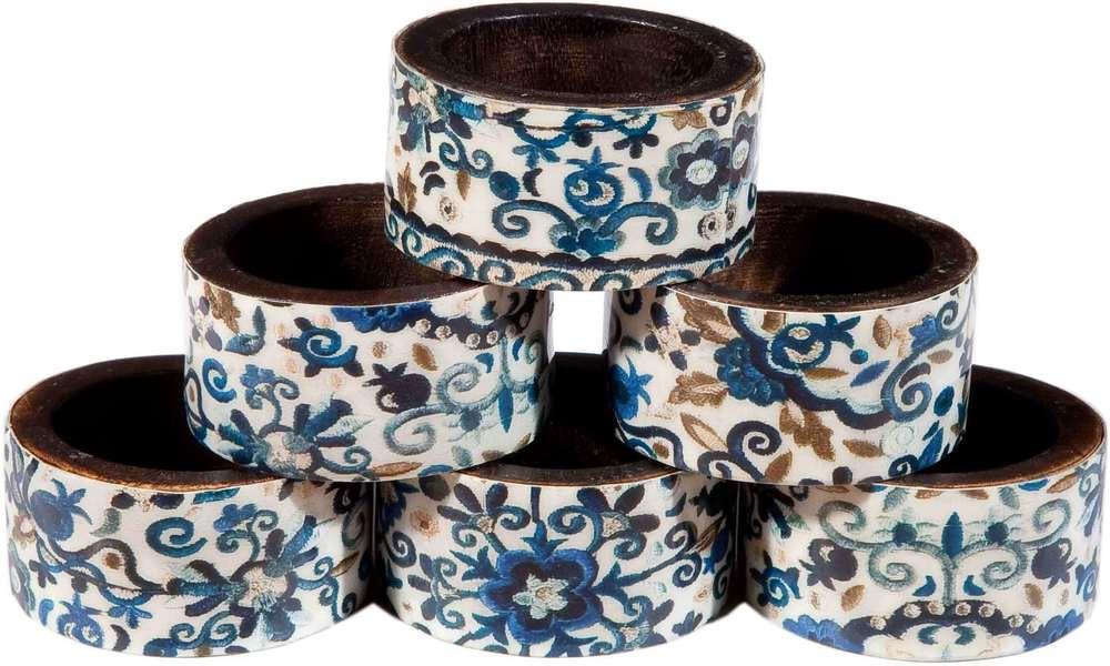 Emanuel Wood Printed Napkin Rings, Set of 6- Blue (EM-RNW2)