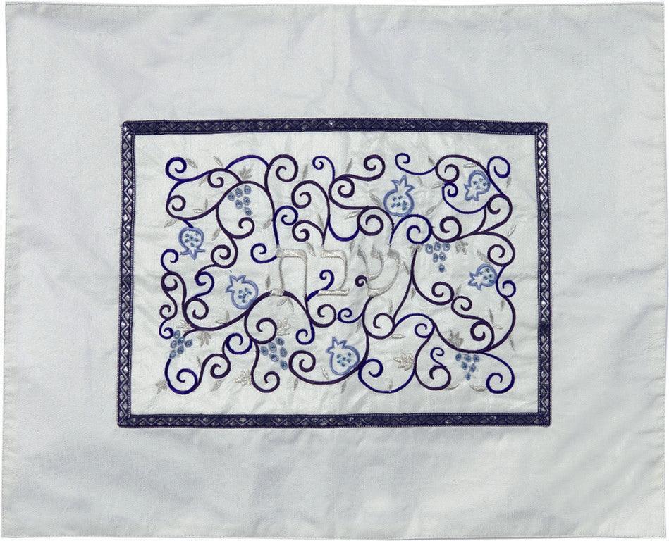 Embroidered Challah Cover Pomegranates White / Blue (EM-CMD2)
