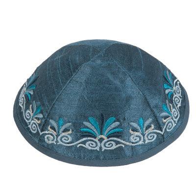 Embroidered Kippah Flowers BLUE (EM-YME-9B)