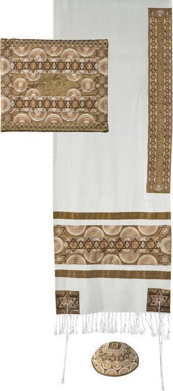 Embroidered Raw Silk Tallit - Magen David Rainbow Gold (EM-TAH1G)