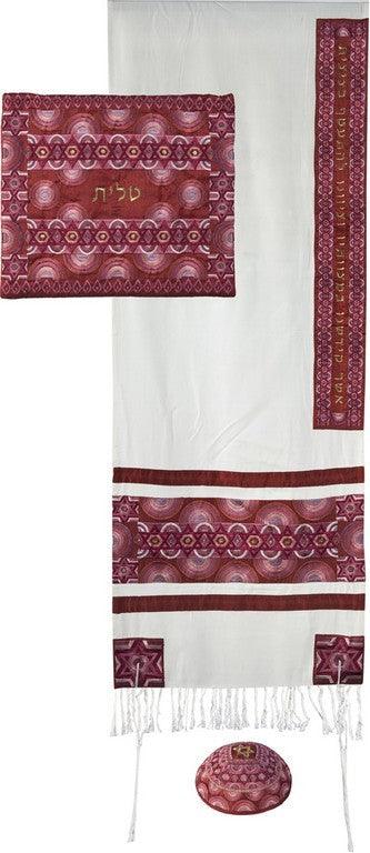 Embroidered Raw Silk Tallit - Magen David Rainbow Red (EM-TAH1P)