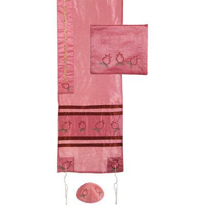 Embroidered Raw Silk Tallit - Pomegranates Pink (EM-TAF2)