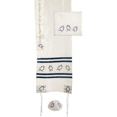 Embroidered Raw Silk Tallit - Pomegranates White / Blue (EM-TAF3)