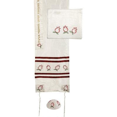 Embroidered Raw Silk Tallit - Pomegranates White / Maroon (EM-TAF1)