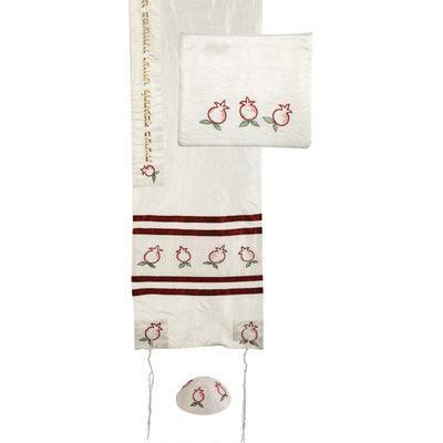 Embroidered Raw Silk Tallit - Pomegranates White / Maroon (EM-TAF1)