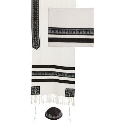 Embroidered Stripes Tallit - White / Black (EM-TAD1BL)