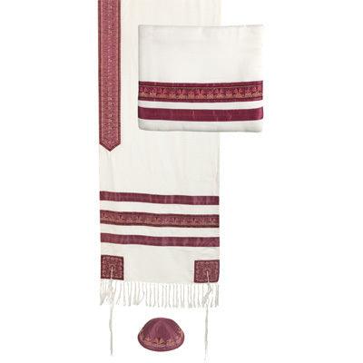 Embroidered Stripes Tallit - White / Maroon (EM-TAD1M)