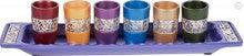 Set of 6 Cups + Plate Kiddush Set with Silver Lace- Multicolor