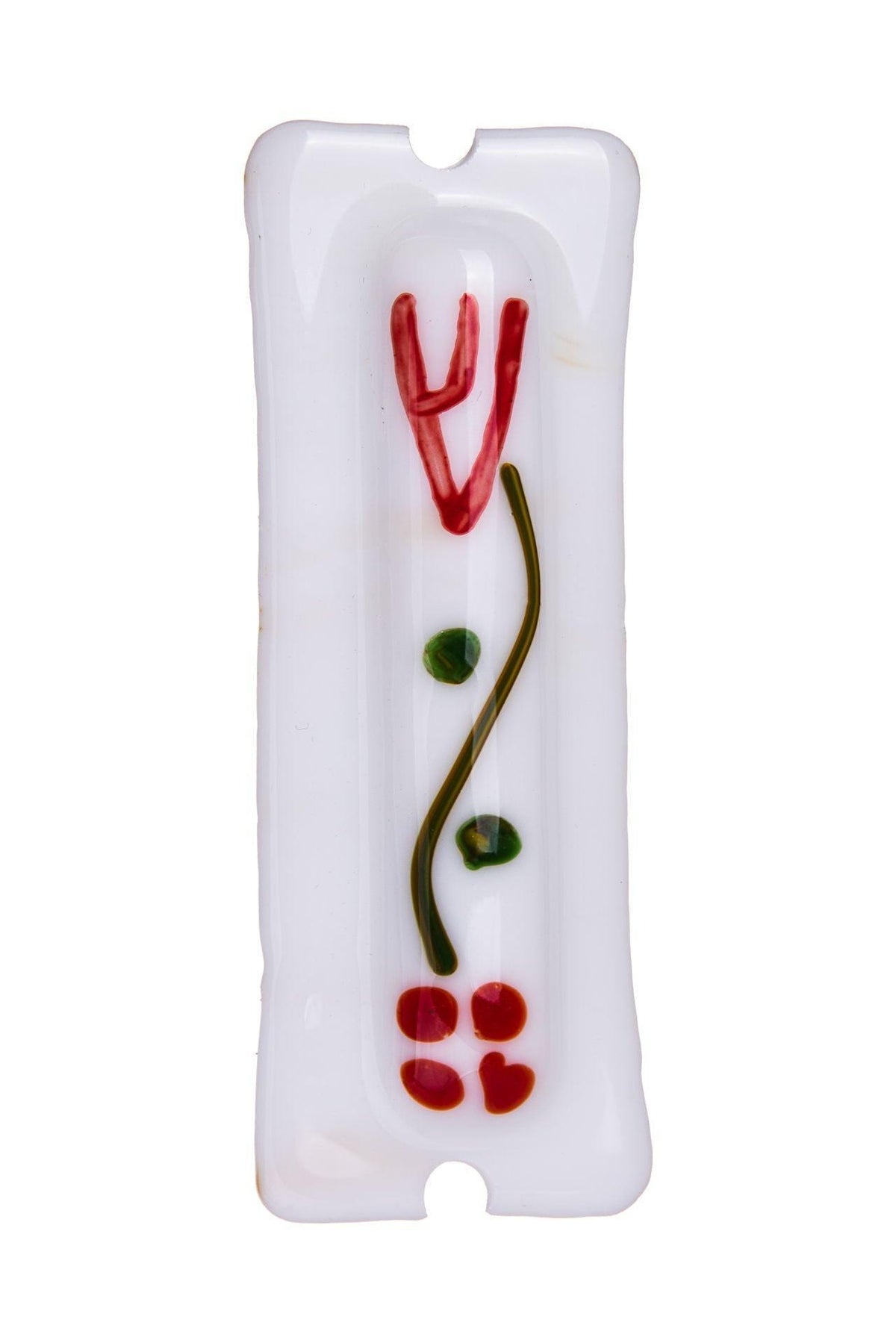 GLASS WHITE MEZUZAH WITH RED/GREEN DOTS