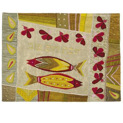 Gold Two Fish  Raw Silk Appliqued Challa Cover