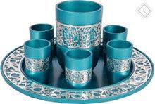 Anodized Aluminum Kiddush Set and Tray with Silver Lace- Turquoise