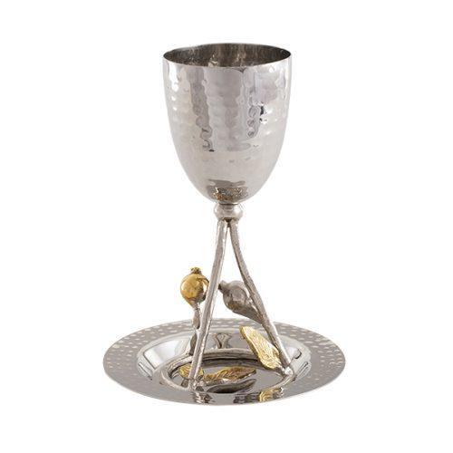 Hammered Kiddush Cup & Tray Branch Stem-Pomegranate (EM-CUW1)