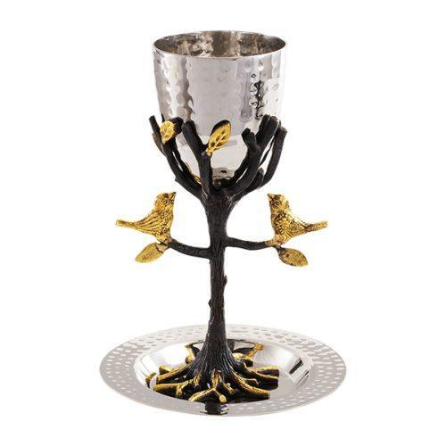 Hammered Kiddush Cup & Tray Branch Stem-Tree Of Life (EM-CUO1)