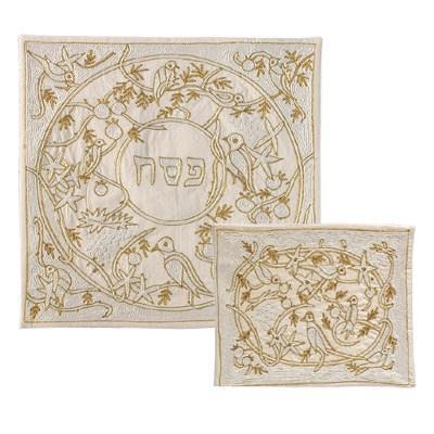 Hand Embroidered Matza Cover Birds Gold (EM-MHE7)