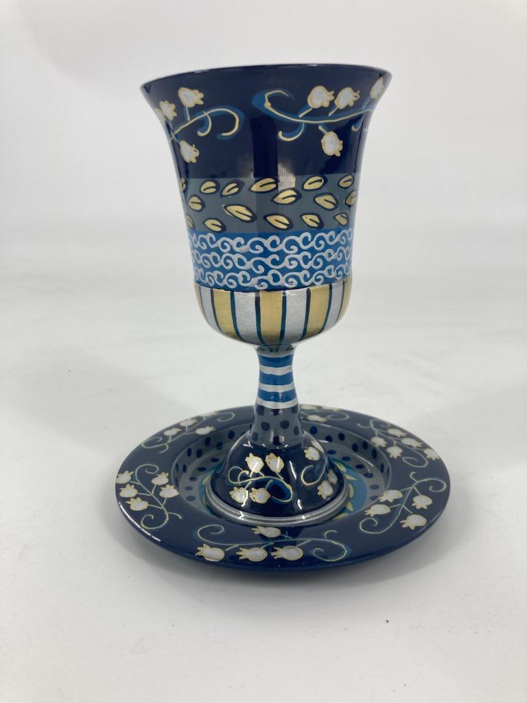 Hand Painted Kiddush Cup Pomegranate Design-Blue (EM-CAJ2)