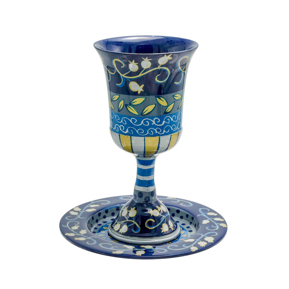 Hand Painted Kiddush Cup Pomegranate Design-Blue (EM-CAJ2)