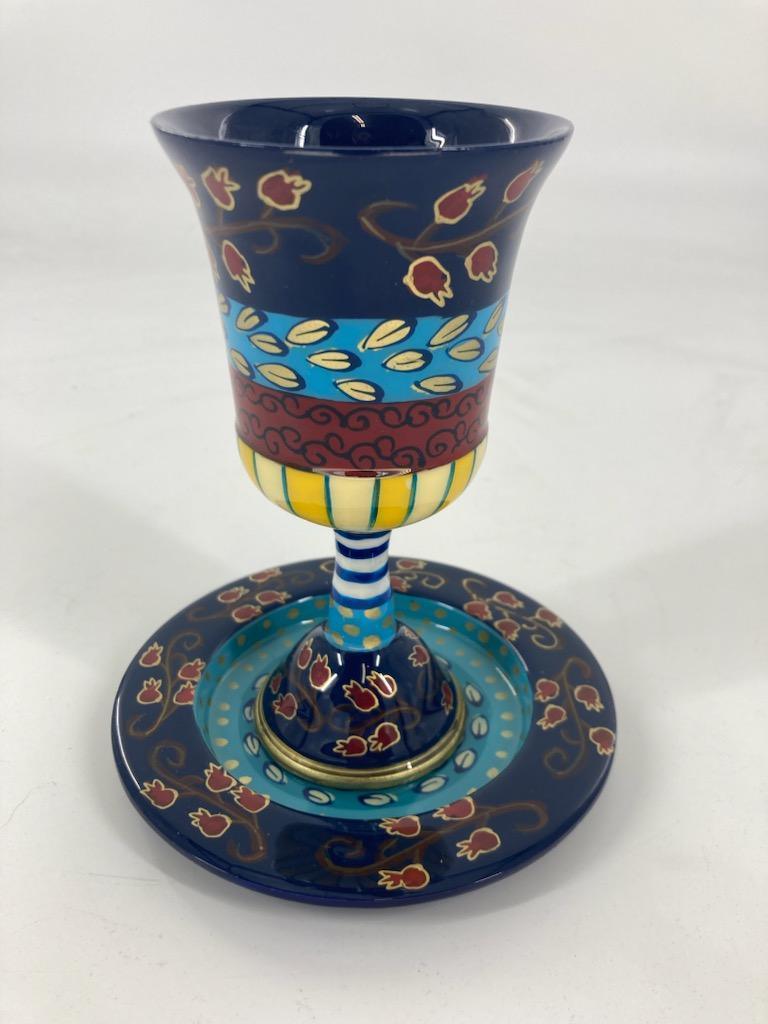 Hand Painted Kiddush Cup Pomegranate Design-Multicolor (EM-CAJ1)