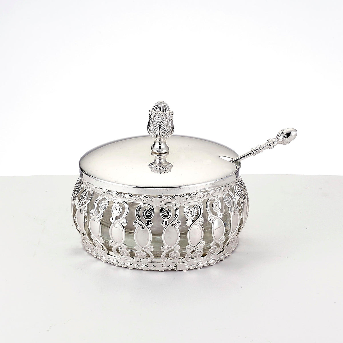 HONEY DISH, TRADITIONAL SILVERTONE W/ SPOON, 4",COLOR  BOX