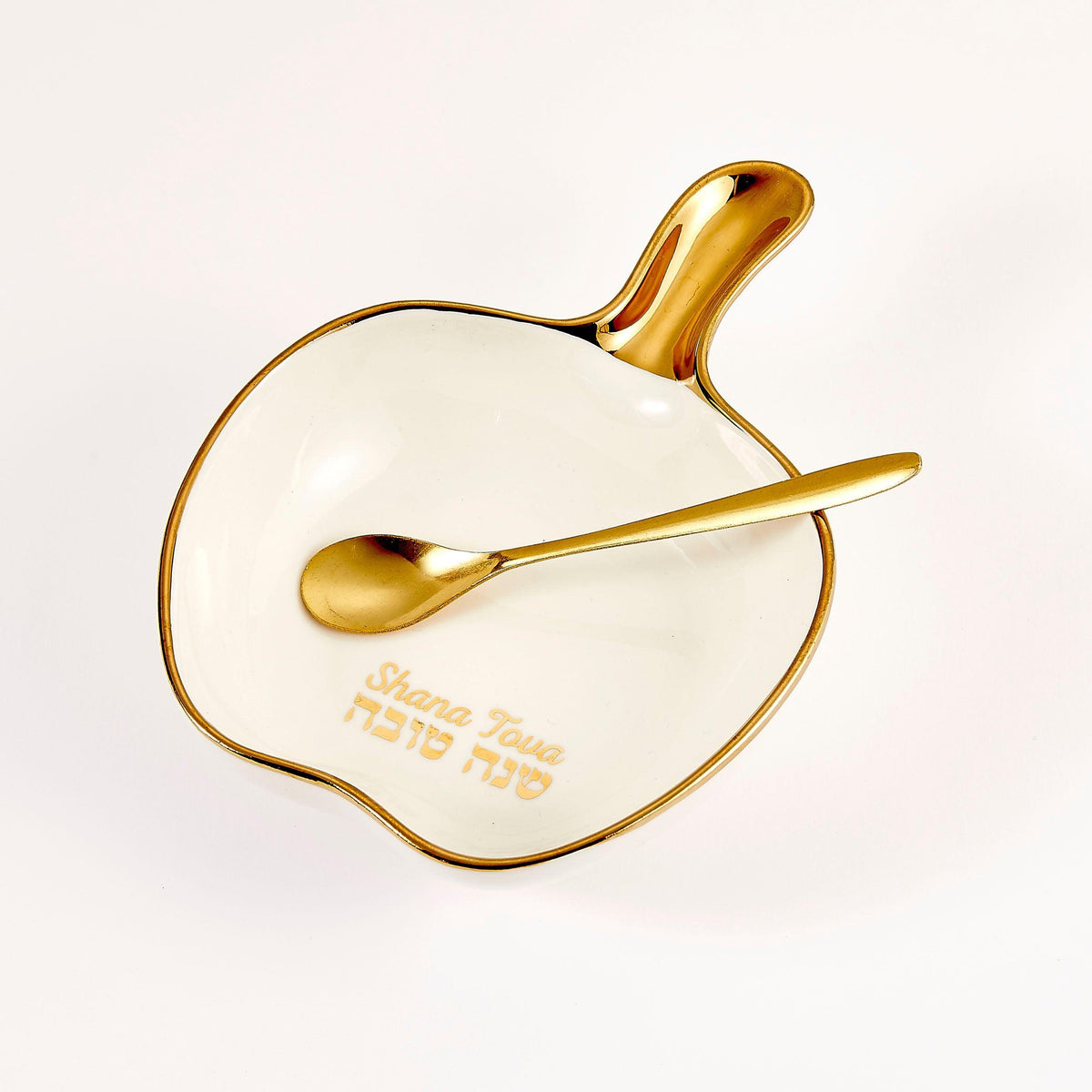 HONEY DISH,APPLE SHAPE,GOLD ACCENTS,W/SPOON,CERAM,6"x4.5",CLRBX