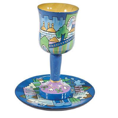 Jerusalem Blue Wooden Kiddush Cup and Plate Set (EM-CU10)