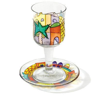 Jerusalem Gate Glass Painted Kiddush Cup and Saucer