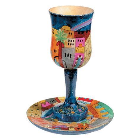 Jerusalem Night Large Wooden Kiddush Cup and Saucer (EM-CUL1)