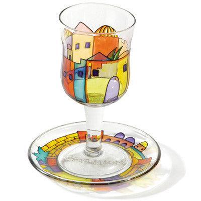 Jerusalem Vista Glass Painted Kiddush Cup and Saucer