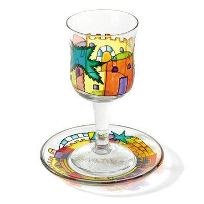 Jerusalem Wall Glass Painted Kiddush Cup and Saucer