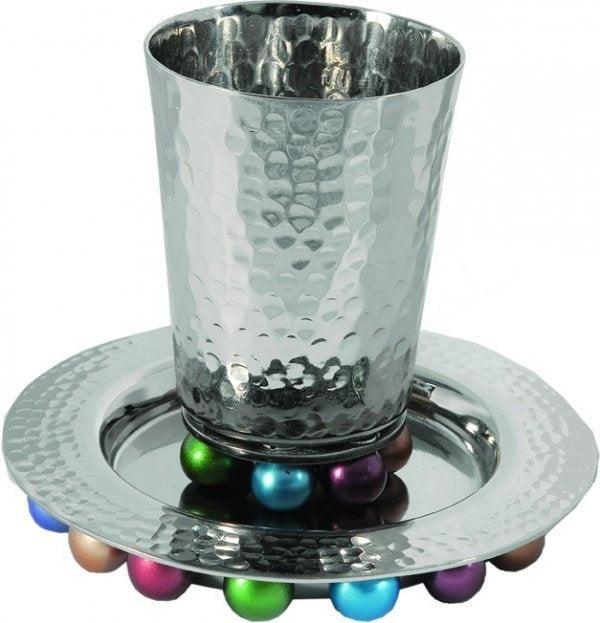 Kiddush Cup and Plate with Beads Silver/ Multicolor (EM-CUA2)