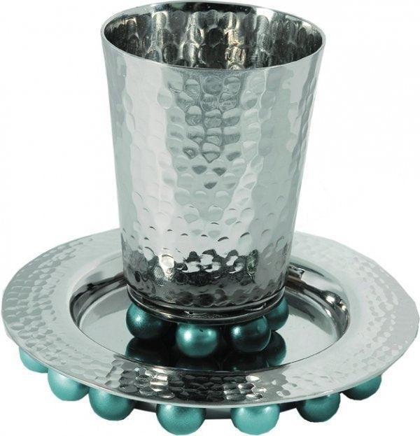Kiddush Cup and Plate with Beads Silver/Turquoise (EM-CUA3)