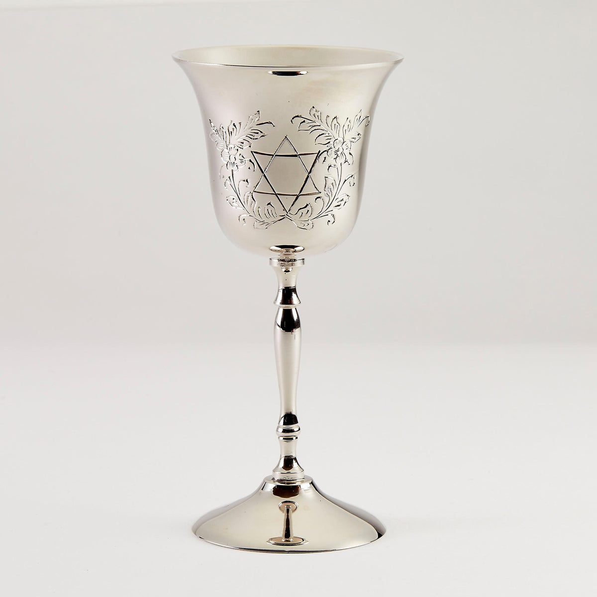 KIDDUSH CUP, FLORAL STAR OF DAVID, NICKELPLATED BRASS, 6.25", BOX